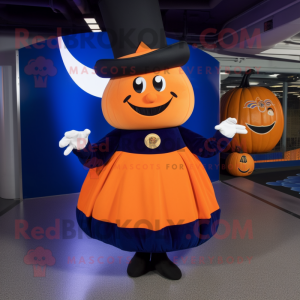 Navy Pumpkin mascot costume character dressed with a Wrap Skirt and Hats