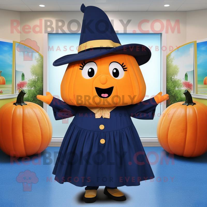 Navy Pumpkin mascot costume character dressed with a Wrap Skirt and Hats Navy Pumpkin mascot costume character dressed with a Wrap Skirt and Hats
