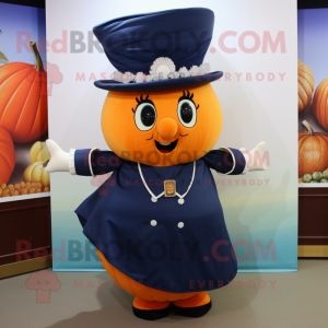 Navy Pumpkin mascot costume character dressed with a Wrap Skirt and Hats