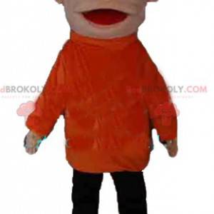 Boy mascot in orange and black outfit looking smiling -