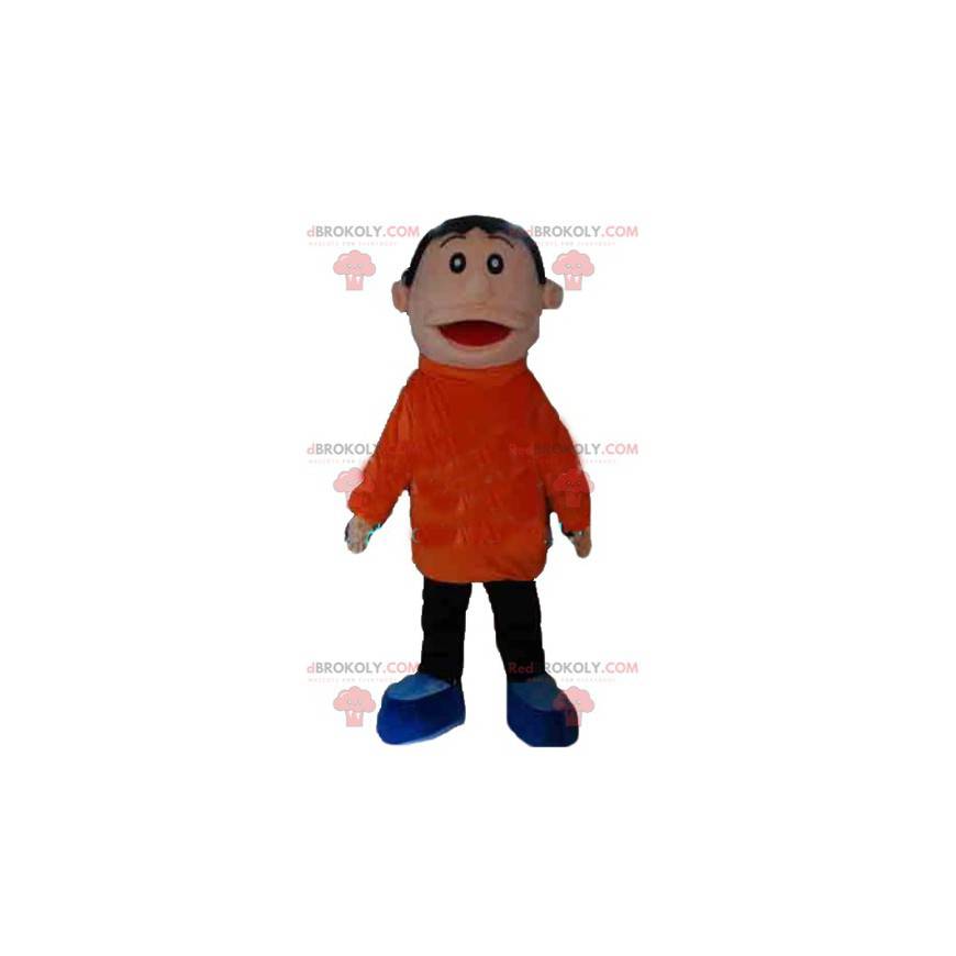 Pojkemaskot i orange och svart dräkt som ser le - Redbrokoly.com
