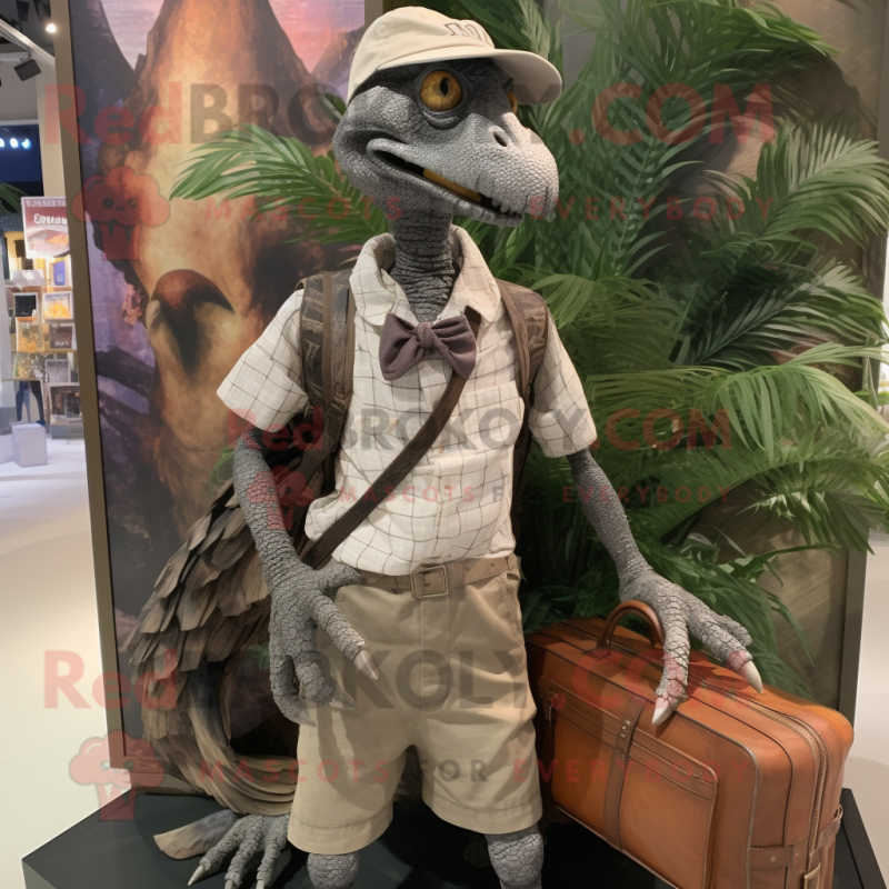 Silver Deinonychus mascot costume character dressed with a Cargo Shorts and Handbags Silver Deinonychus mascot costume character dressed with a Cargo Shorts and Handbags