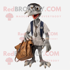 Silver Deinonychus mascot costume character dressed with a Cargo Shorts and Handbags