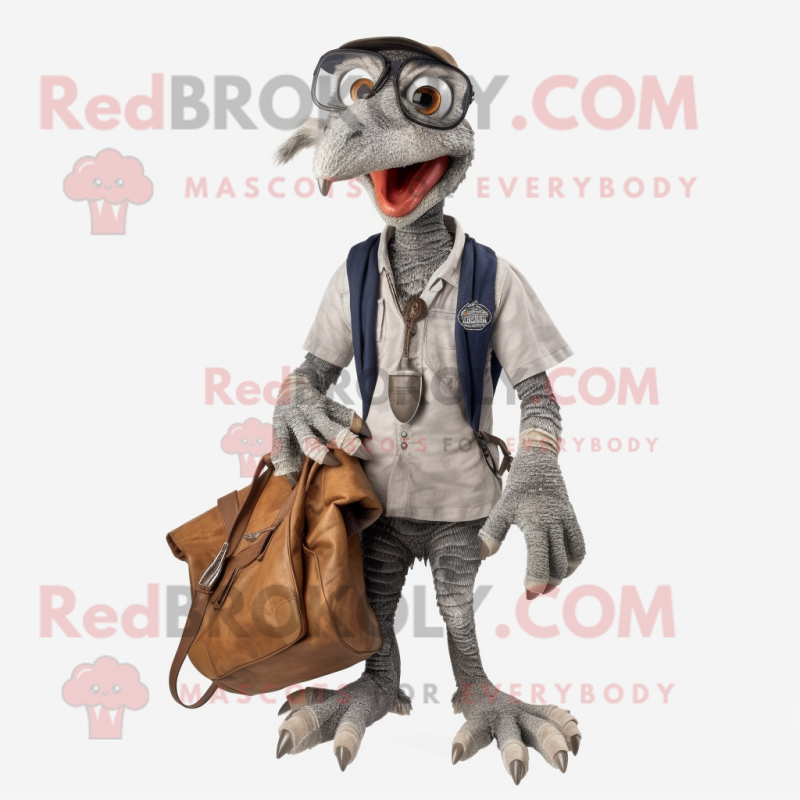 Silver Deinonychus mascot costume character dressed with a Cargo Shorts and Handbags