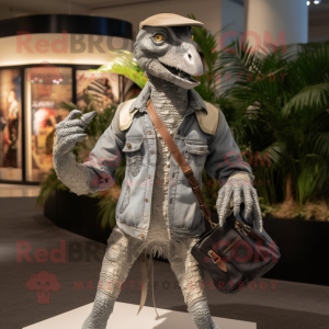 Silver Deinonychus mascot costume character dressed with a Cargo Shorts and Handbags