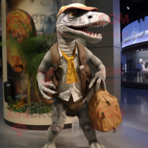 Silver Deinonychus mascot costume character dressed with a Cargo Shorts and Handbags