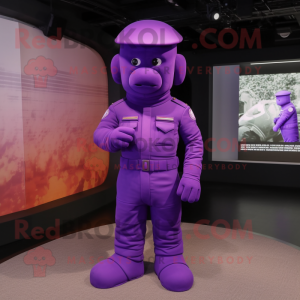Purple Soldier mascot costume character dressed with a Jumpsuit and Foot pads