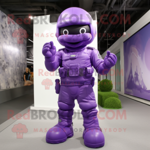 Purple Soldier mascot costume character dressed with a Jumpsuit and Foot pads