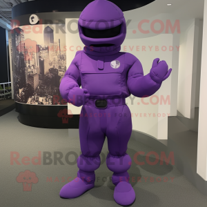 Purple Soldier mascot costume character dressed with a Jumpsuit and Foot pads