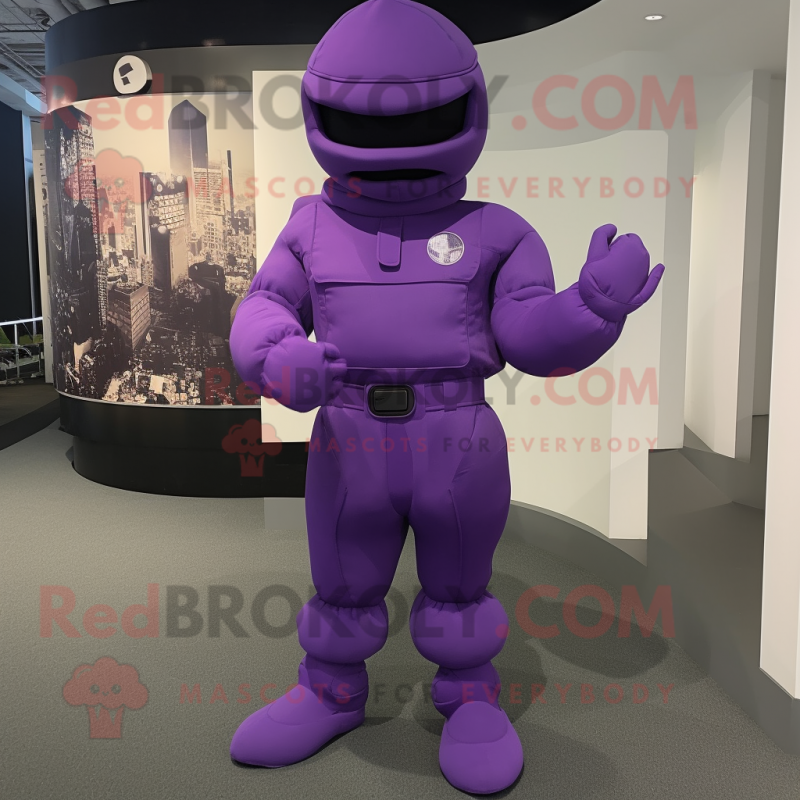 Purple Soldier mascot costume character dressed with a Jumpsuit and Foot pads Purple Soldier mascot costume character dressed with a Jumpsuit and Foot pads