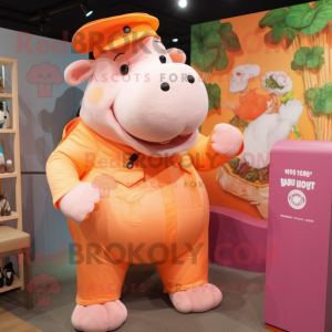 Peach Hippopotamus mascot costume character dressed with a Playsuit and Berets