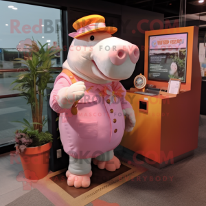 Peach Hippopotamus mascot costume character dressed with a Playsuit and Berets