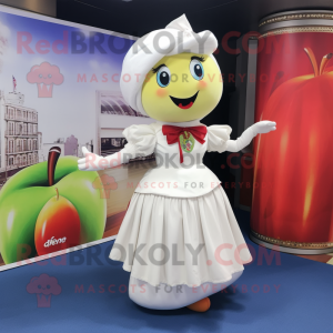 White Apple mascot costume character dressed with a A-Line Dress and Scarves