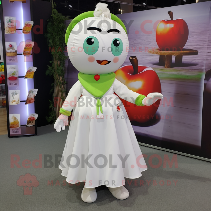 White Apple mascot costume character dressed with a A-Line Dress and Scarves White Apple mascot costume character dressed with a A-Line Dress and Scarves
