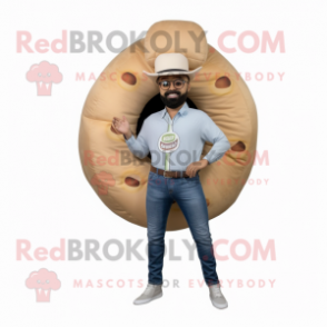 Beige Donut mascot costume character dressed with a Jeans and Cummerbunds