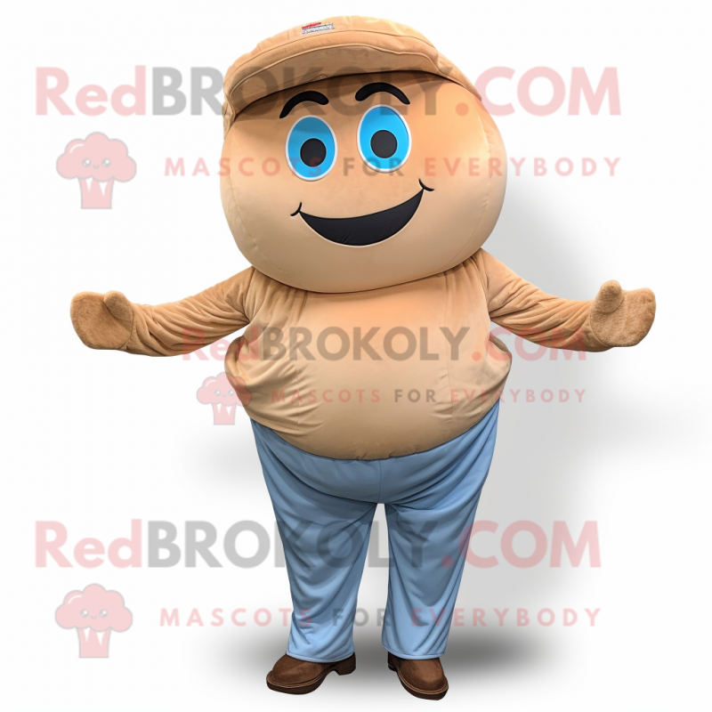 Beige Donut mascot costume character dressed with a Jeans and Cummerbunds Beige Donut mascot costume character dressed with a Jeans and Cummerbunds