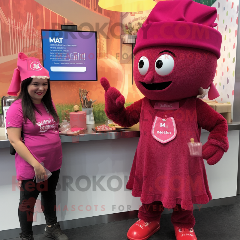 Magenta Goulash mascot costume character dressed with a Playsuit and Berets