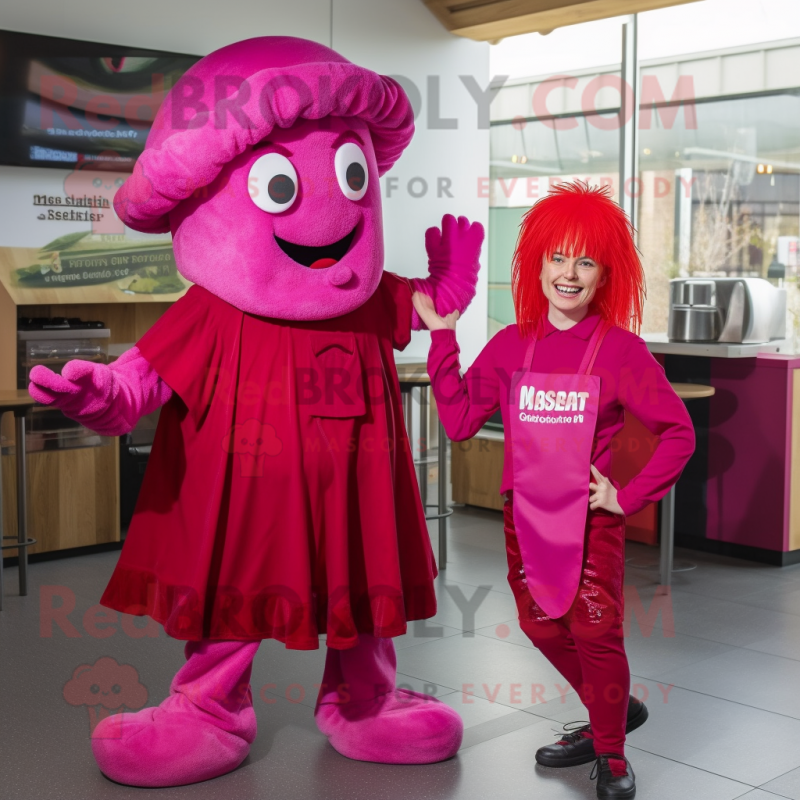 Magenta Goulash mascot costume character dressed with a Playsuit and Berets Magenta Goulash mascot costume character dressed with a Playsuit and Berets