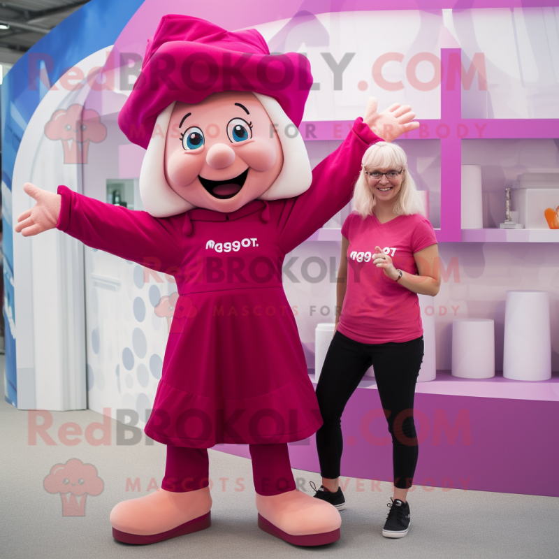 Magenta Goulash mascot costume character dressed with a Playsuit and Berets Magenta Goulash mascot costume character dressed with a Playsuit and Berets