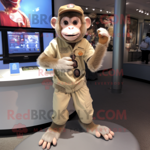 Beige Monkey mascot costume character dressed with a Graphic Tee and Bracelet watches