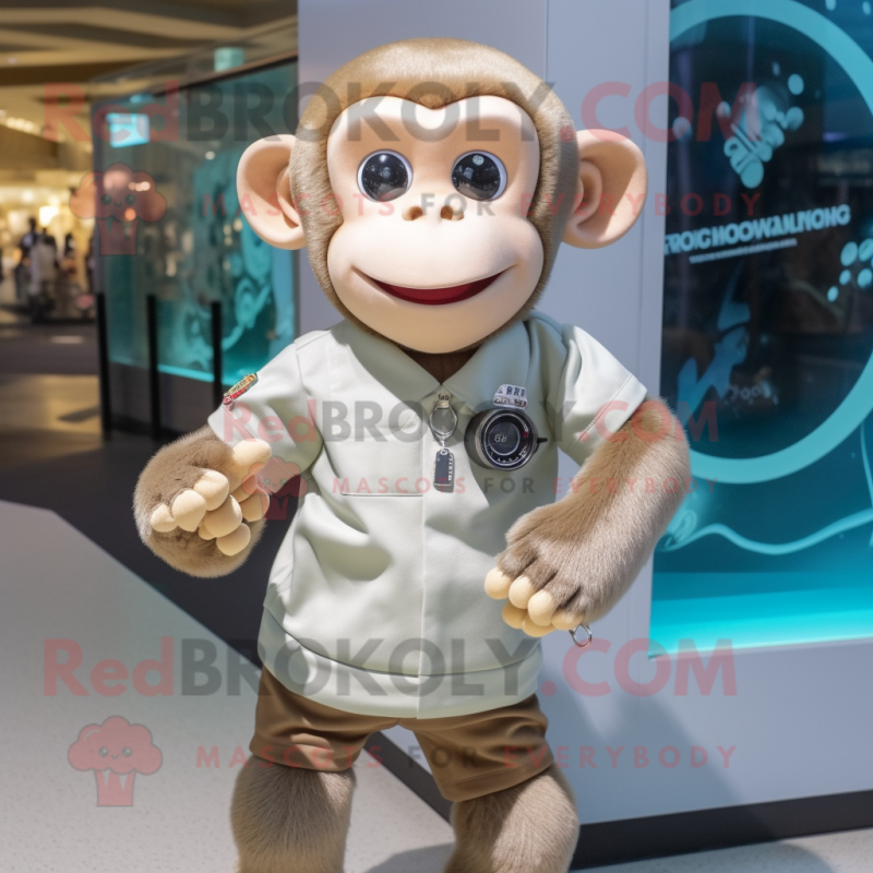 Beige Monkey mascot costume character dressed with a Graphic Tee and Bracelet watches