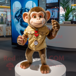Beige Monkey mascot costume character dressed with a Graphic Tee and Bracelet watches
