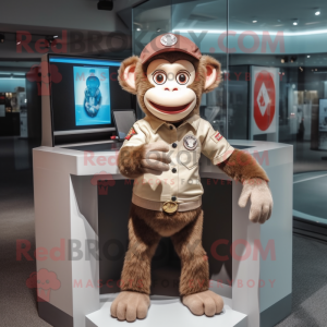 Beige Monkey mascot costume character dressed with a Graphic Tee and Bracelet watches