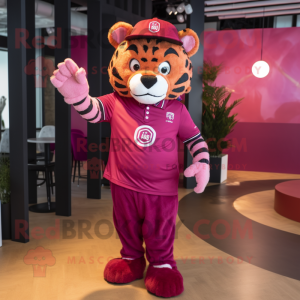 Magenta Tiger mascot costume character dressed with a Polo Shirt and Beanies
