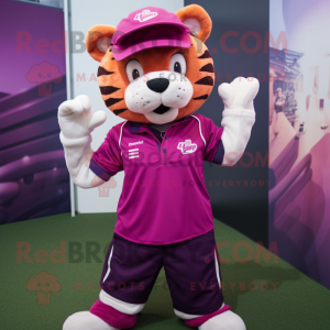 Magenta Tiger mascot costume character dressed with a Polo Shirt and Beanies