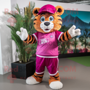 Magenta Tiger mascot costume character dressed with a Polo Shirt and Beanies