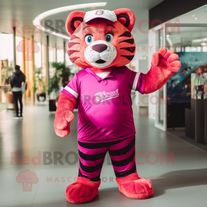 Magenta Tiger mascot costume character dressed with a Polo Shirt and Beanies