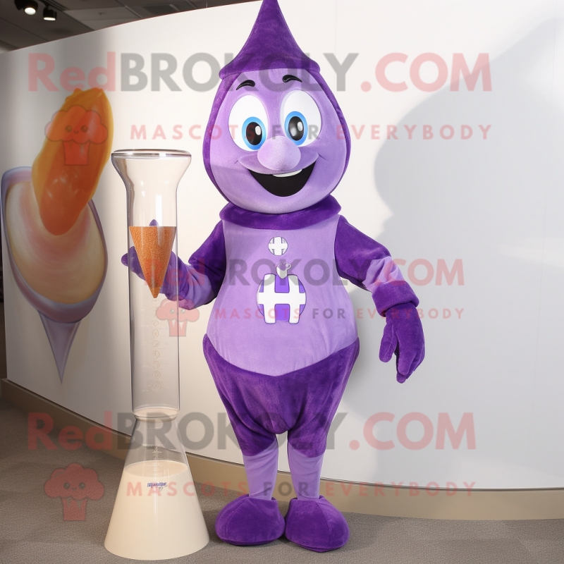 Purple Hourglass mascot costume character dressed with a Henley Shirt and Earrings Purple Hourglass mascot costume character dressed with a Henley Shirt and Earrings