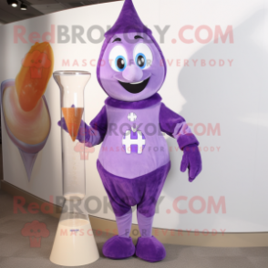 Purple Hourglass mascot costume character dressed with a Henley Shirt and Earrings
