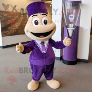 Purple Hourglass mascot costume character dressed with a Henley Shirt and Earrings