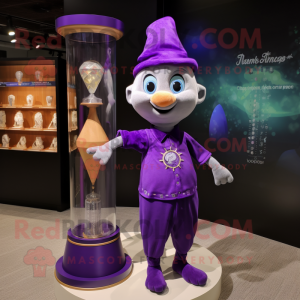 Purple Hourglass mascot costume character dressed with a Henley Shirt and Earrings