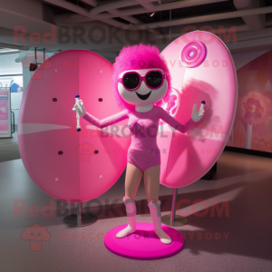 Pink Plate Spinner mascot costume character dressed with a Bikini and Sunglasses