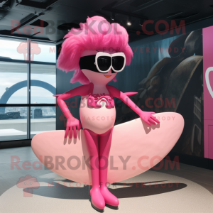 Pink Plate Spinner mascot costume character dressed with a Bikini and Sunglasses