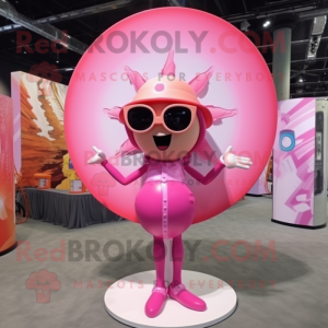 Pink Plate Spinner mascot costume character dressed with a Bikini and Sunglasses