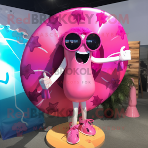 Pink Plate Spinner mascot costume character dressed with a Bikini and Sunglasses