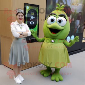 Olive Mare mascot costume character dressed with a Maxi Skirt and Smartwatches