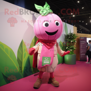 Pink Spinach mascot costume character dressed with a Vest and Earrings