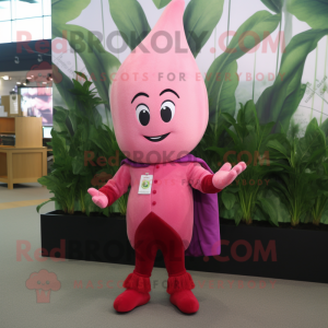 Pink Spinach mascot costume character dressed with a Vest and Earrings