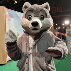 Gray Wolf mascot costume character dressed with a Cardigan and Wraps