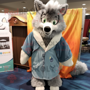 Gray Wolf mascot costume character dressed with a Cardigan and Wraps