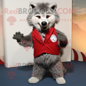 Gray Wolf mascot costume character dressed with a Cardigan and Wraps