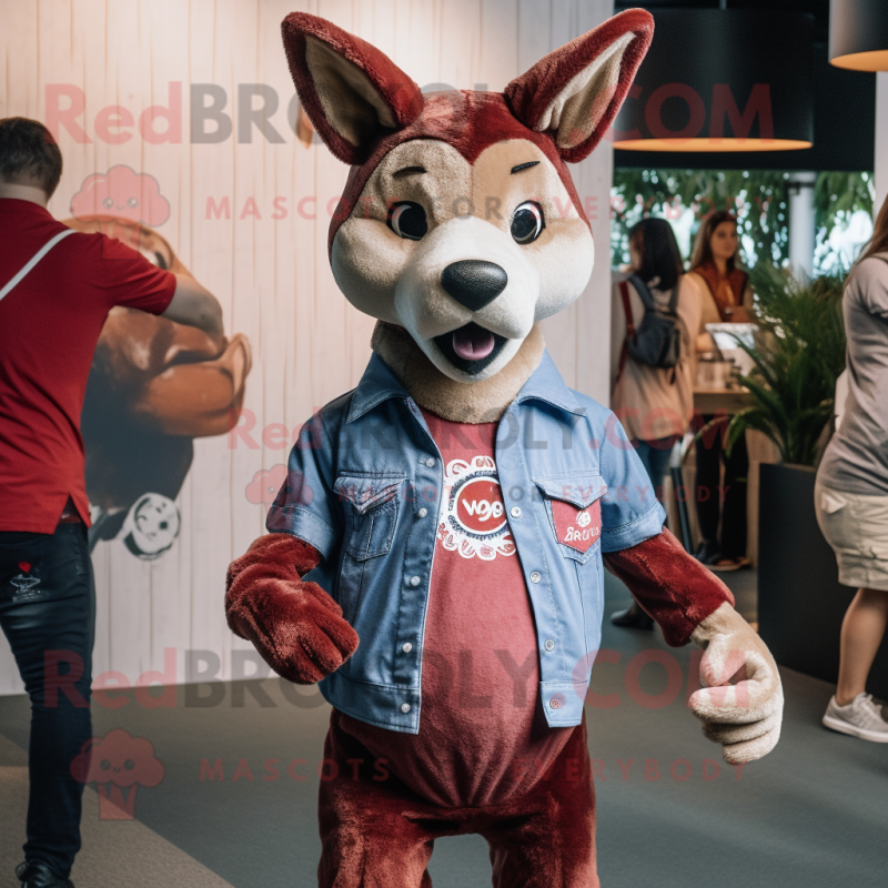 Maroon Dingo mascot costume character dressed with a Denim Shirt and Brooches Maroon Dingo mascot costume character dressed with a Denim Shirt and Brooches