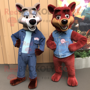 Maroon Dingo mascot costume character dressed with a Denim Shirt and Brooches