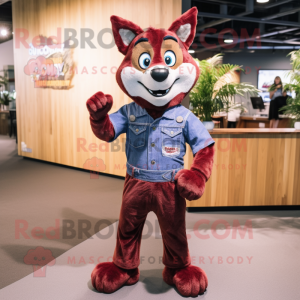 Maroon Dingo mascot costume character dressed with a Denim Shirt and Brooches