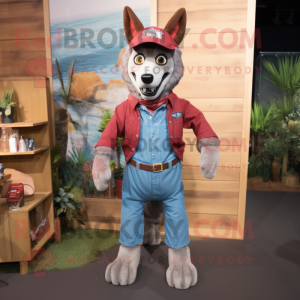 Maroon Dingo mascot costume character dressed with a Denim Shirt and Brooches