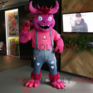 Maskotfigur af en magenta...